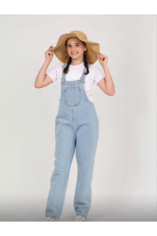 Light Blue Washed Denim Salopet Jumpsuit - Girls' Denim Jumpsuit
