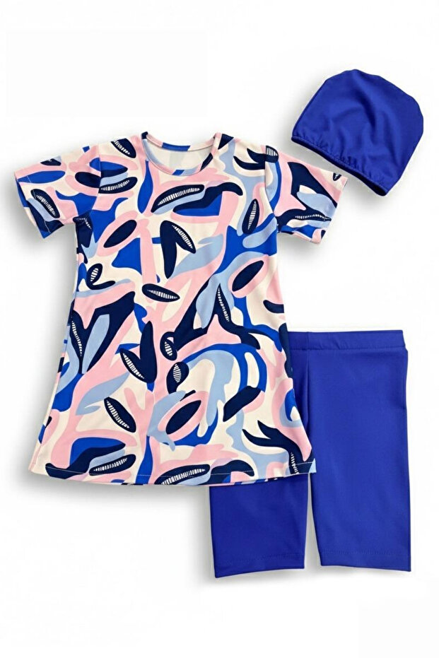 Girl's Swimsuit, Heart Patterned T-Shirt, Shorts and Cap, 3-Piece Beach Set