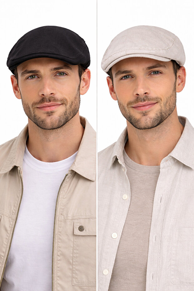 Men's Cap Hat Set of 2 Black Beige Elastic British Style Flat Hat