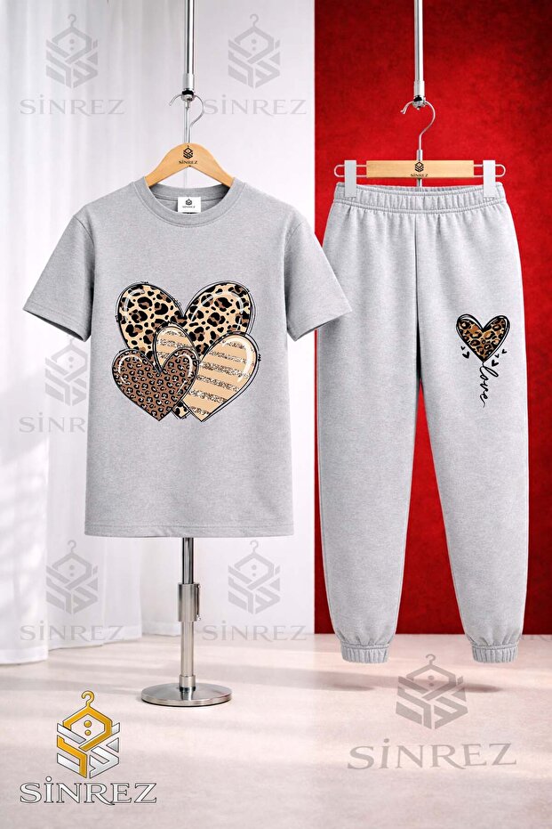 Unisex Kids Hearts Leopard Pattern Printed T-Shirt and Sweatpants Set