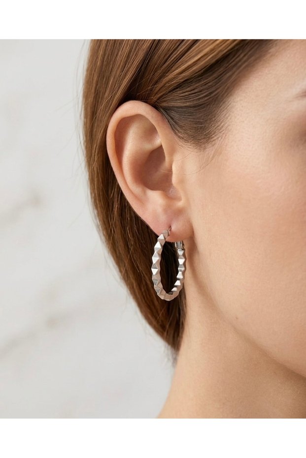 Women's Silver Color Geometric Prism Pattern Minimalist Medium Size Hoop Earrings