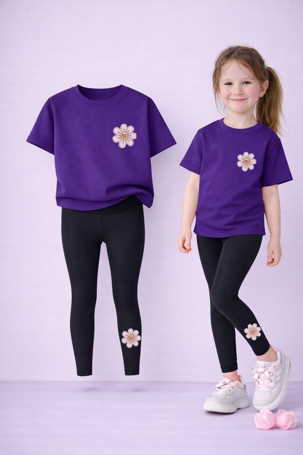 Mother Daughter Matching Leggings - T-Shirt Set 100% Cotton Printed Flexible Comfortable Casual Sporty Combination