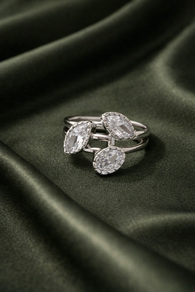 Three Stone Oval Cut Ring - Adjustable (Silver Color)