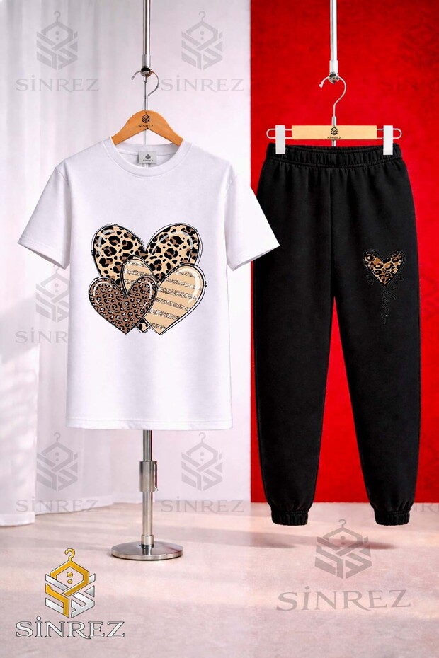 Unisex Kids Hearts Leopard Pattern Printed T-Shirt and Sweatpants Set