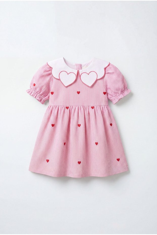 Girl's Cotton Pink Striped Heart Embroidered Collared Dress