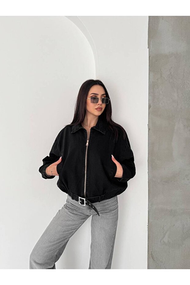 Belted Bat Sleeve Denim Jacket-Black Black