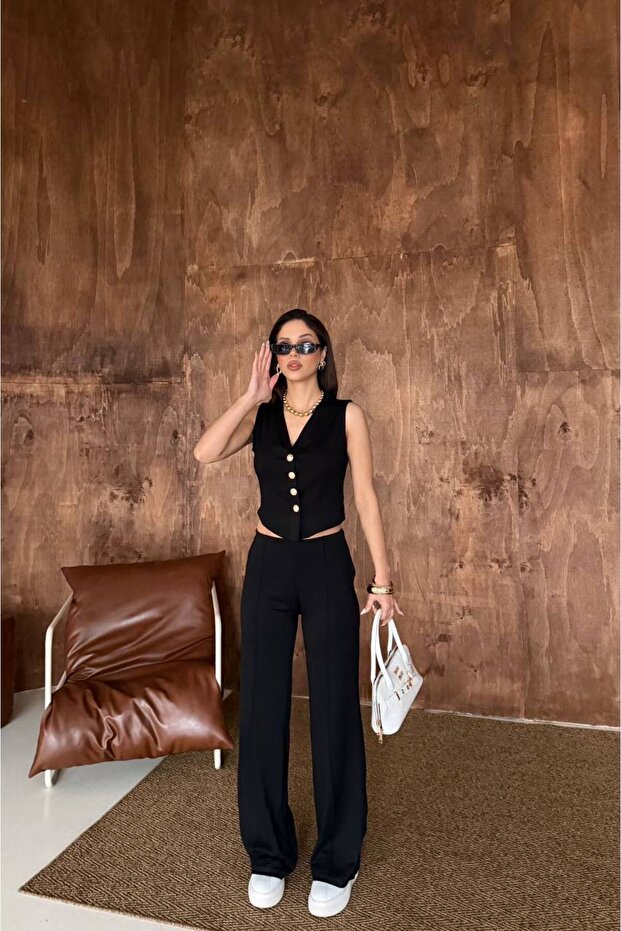 Gold Button Detail Vest Set - Black Black - 1