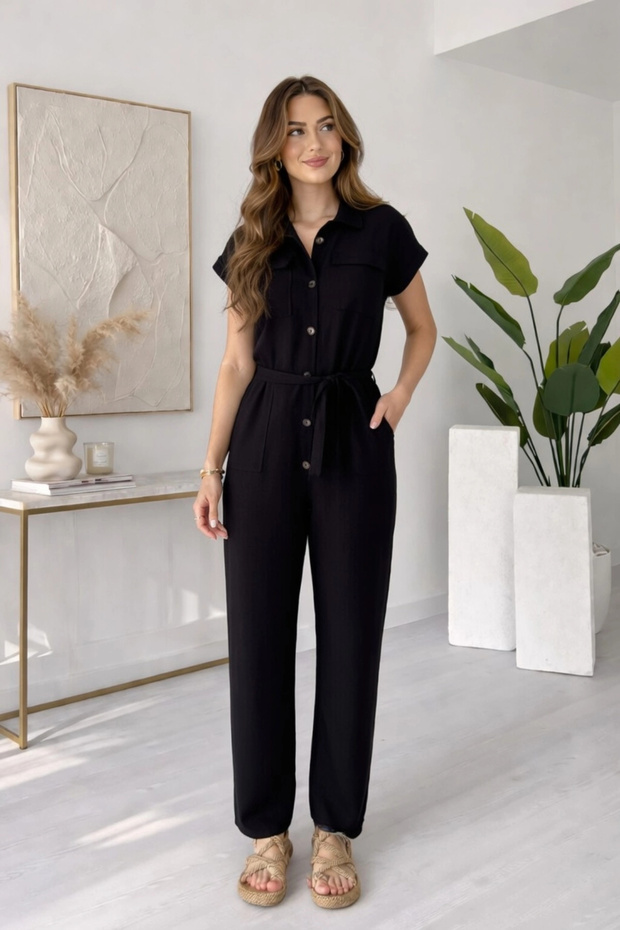 Women's Black Belt Detailed Short Sleeve Summer Linen Jumpsuit