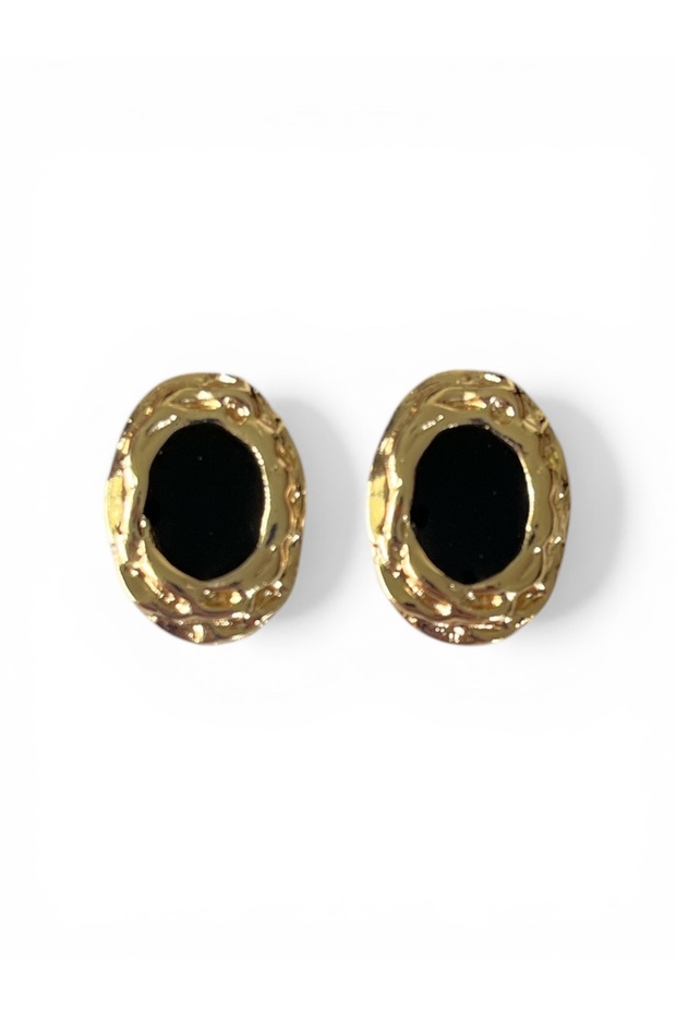 Gold-tone textured black enamel oval earrings