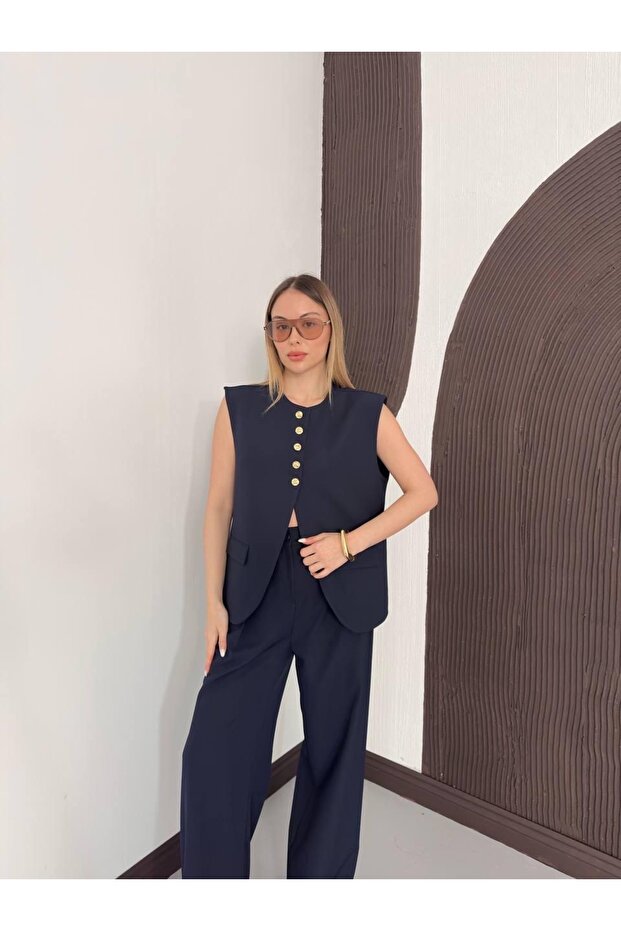Half Button Design Vest and Trousers Two-Piece Set