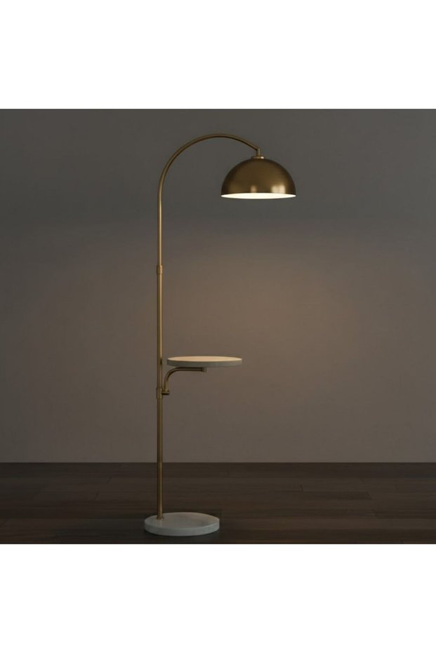 Okila Modern Brass Arc Floor Lamp with Built-In Tray Table – Contemporary Standing Lamp