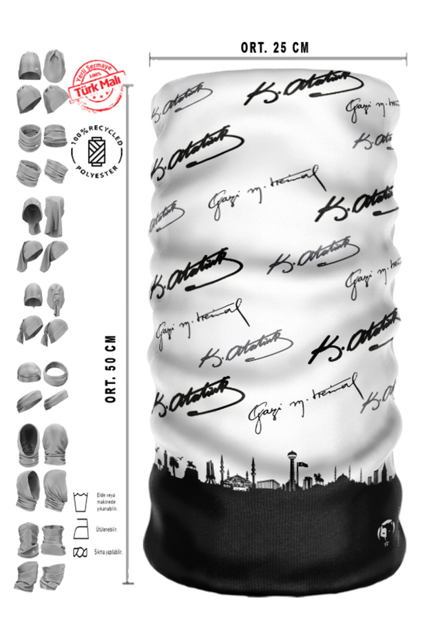 Istanbul Silhouette Atatük Signature Patterned Black and White Neck Gaiter Baf Mask