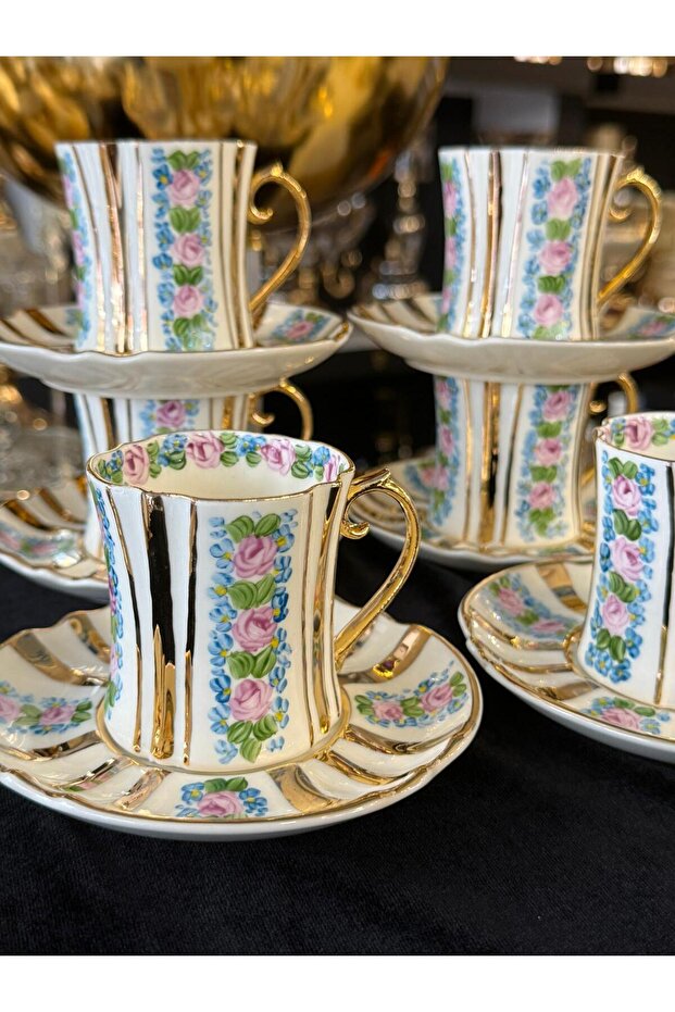Special Design Hand Painted 24K Gold Gilded Coffee Cup Set for 6 People Mdl24