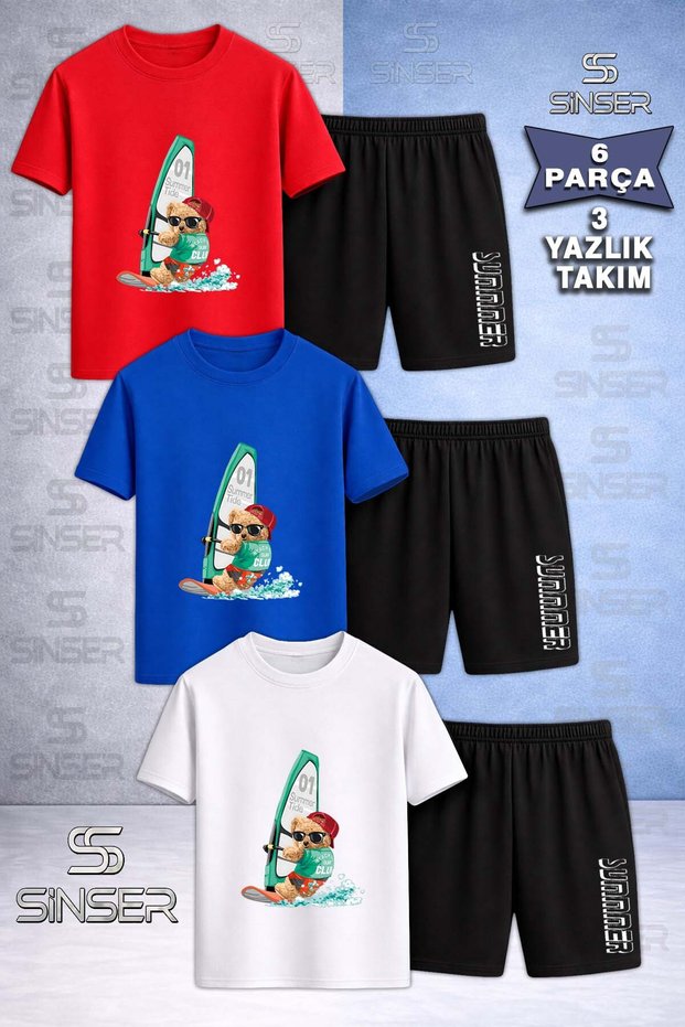 Children's Bear Surf Sea Special Printed Crew Neck 3-Piece T-Shirt - Shorts Set