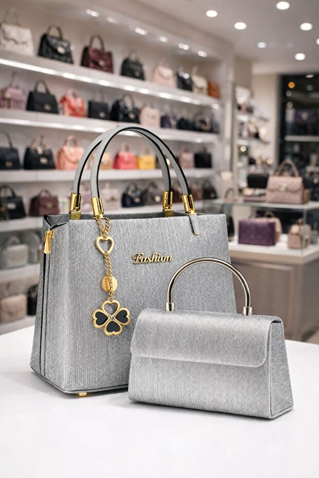 Women's Shoulder and Hand Bag; Set of 2 Glittery, Chain Strap, Silver Evening Dress Bag
