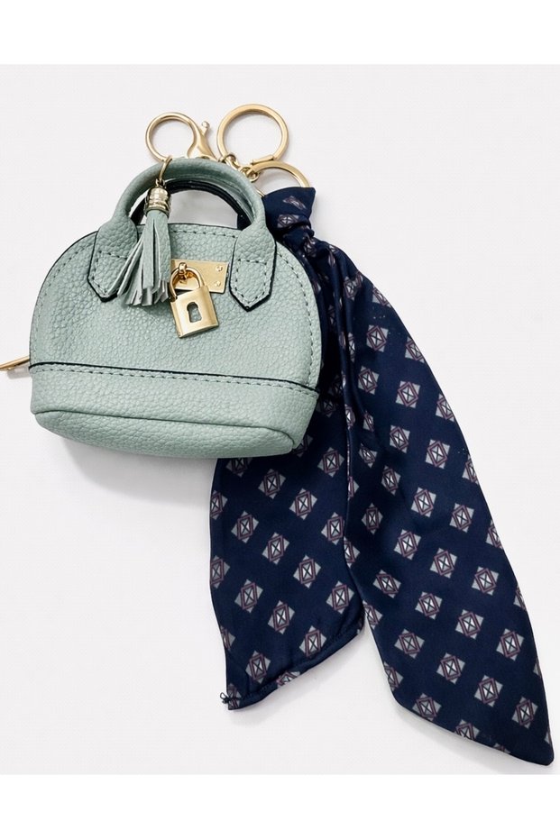 Women's Bag Accessory Mini Bag Charm Keychain with Scarf Premium Model Mint Green