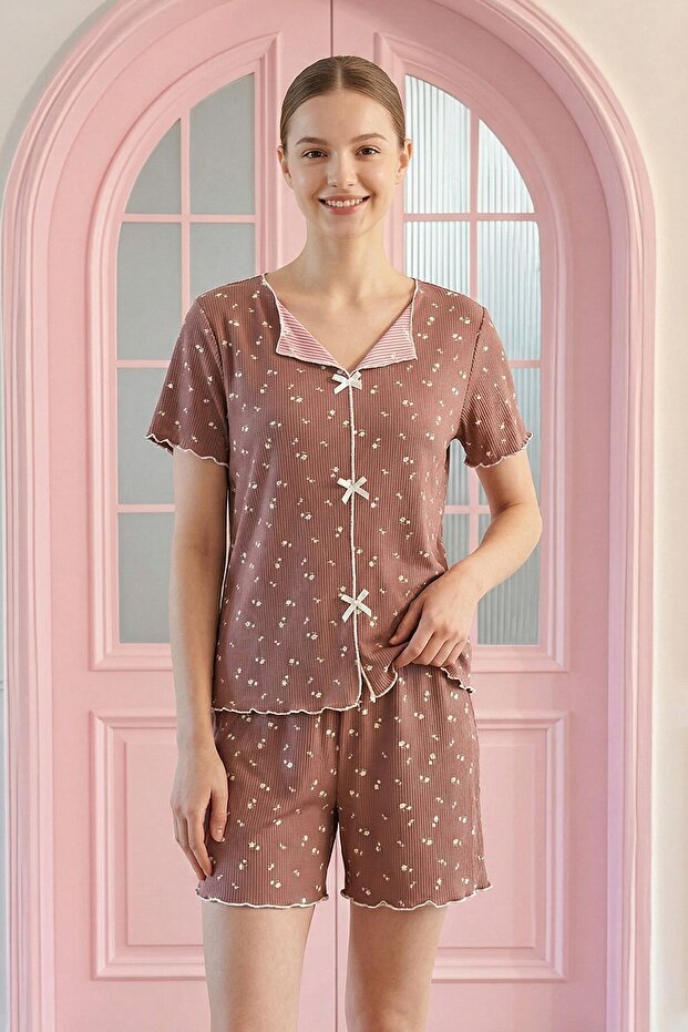 Women's Tiny Floral Patterned Ribbed V-Neck Short Sleeve Shorts Cool Viscose Camisole Pajama Set