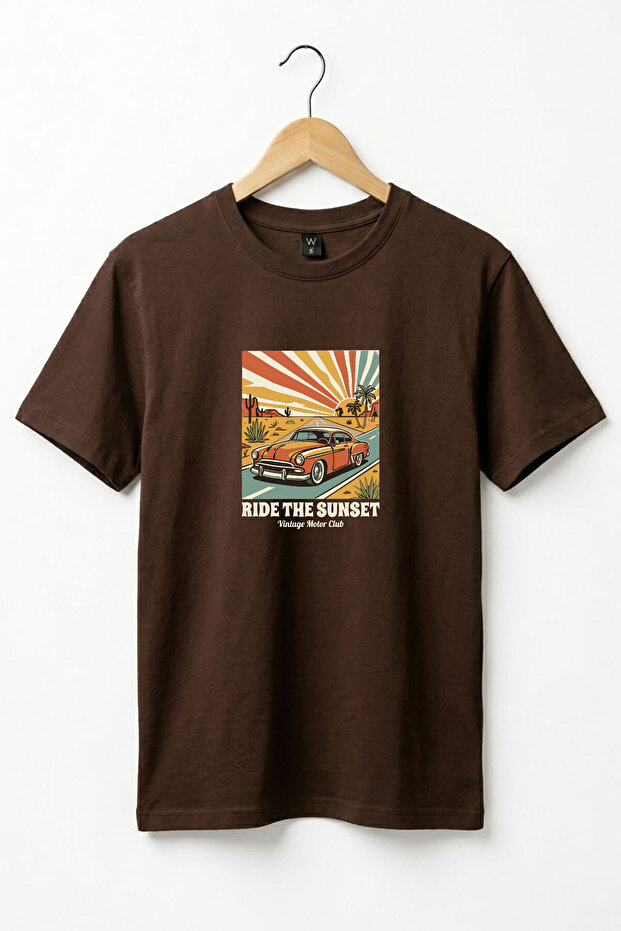 Unisex Vintage Ride the Sunset Retro Car Printed Cotton Basic T-Shirt