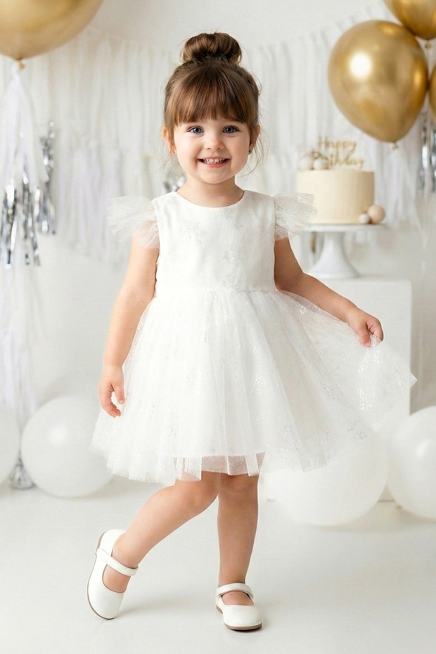 Baby Girl Birthday Party Wedding Dress Short Sleeve Snowflake Bow Tulle Tutu Lined