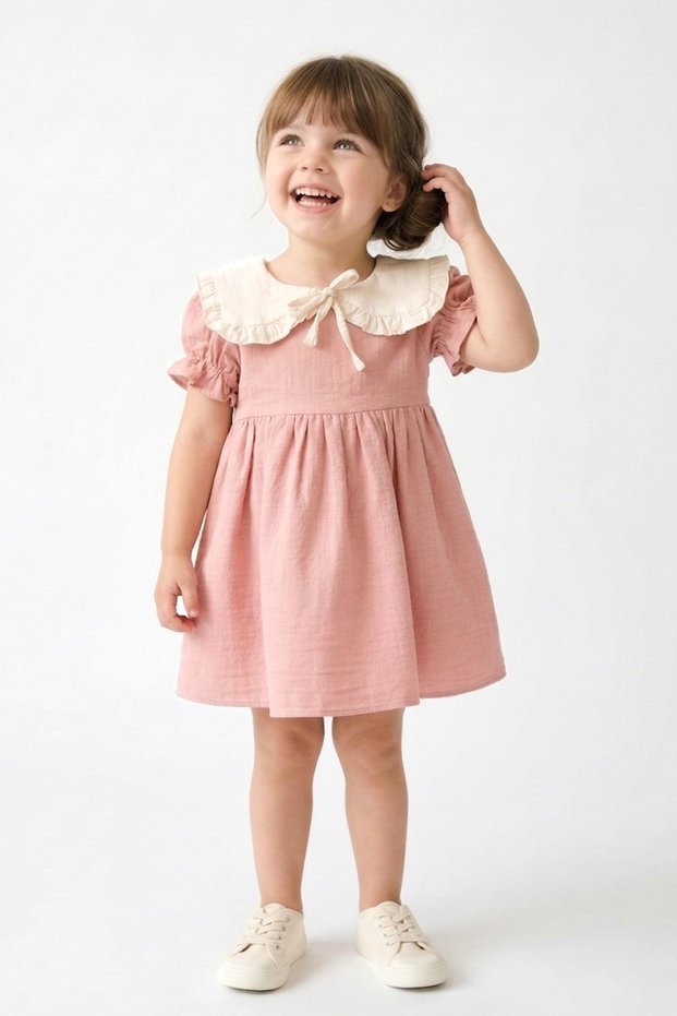 Baby Girl Birthday Party Wedding Dress Short Sleeve Linen Ribbon Collar Lined