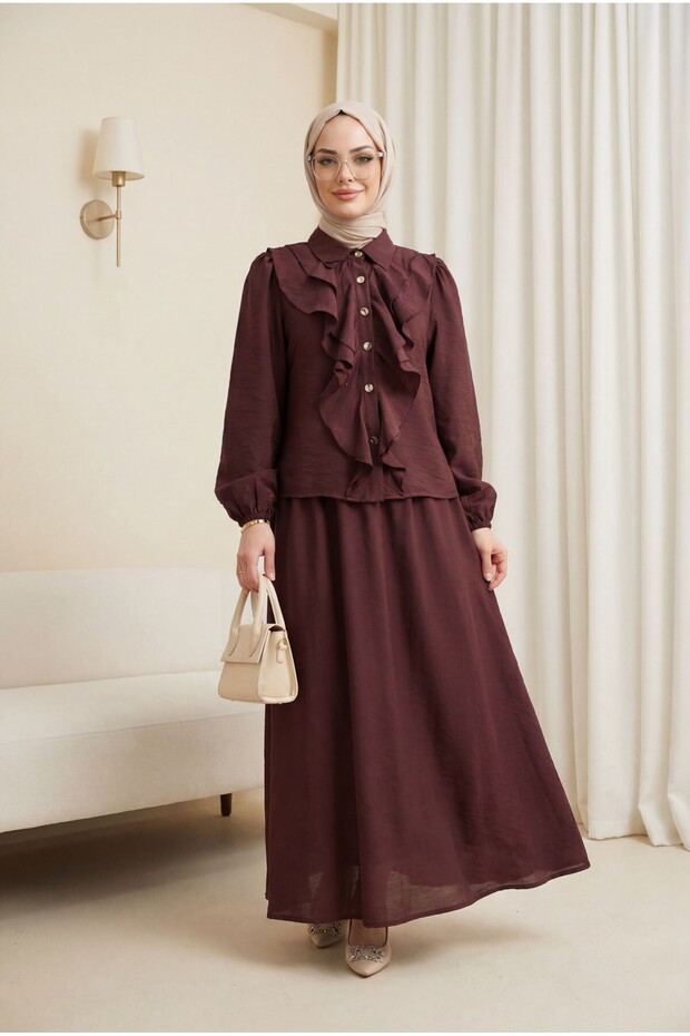 Ruffled Front, Elasticated Sleeves, Lined Skirt, Strawberry Set - Plum
