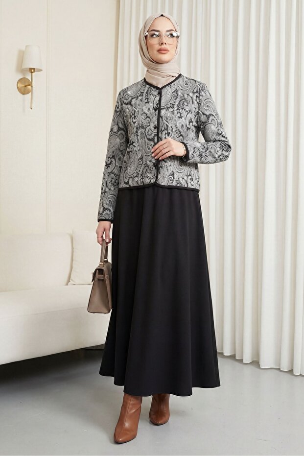 Top Button Ethnic Pattern Skirted Crepe Suit - Black