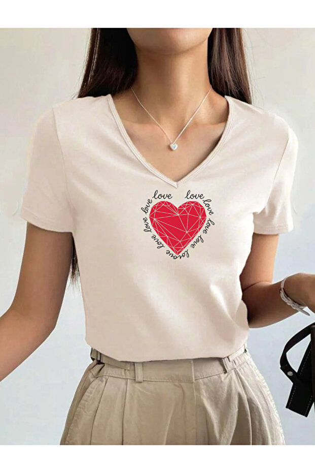 Love Heart Printed V-Neck Short Sleeve Regular Women's Tshirt