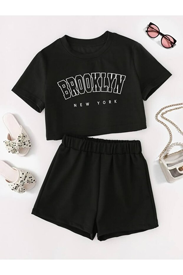 Summer brooklyn new york printed top and bottom shorts two-piece set black