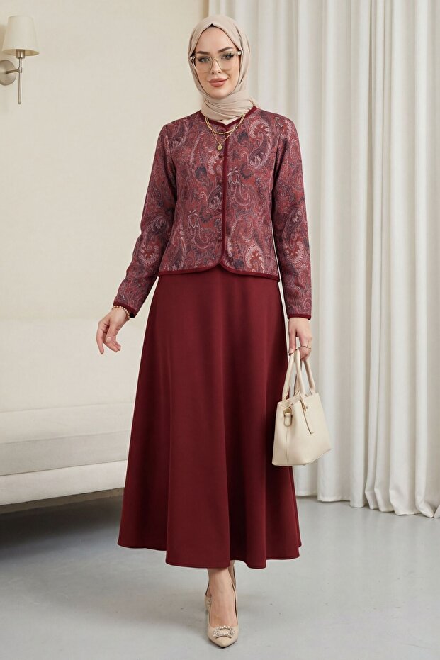 Top Button Ethnic Pattern Skirted Crepe Suit - Burgundy