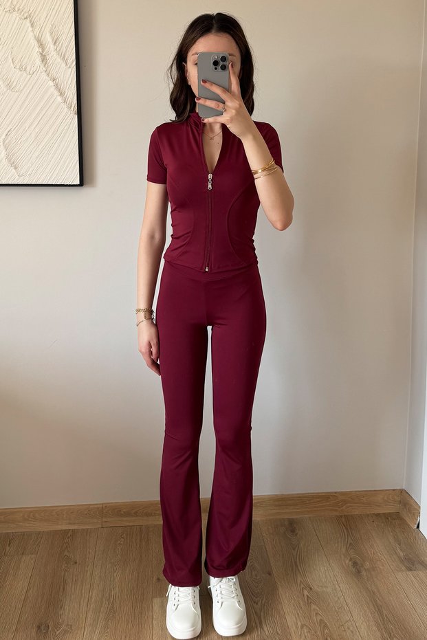Voga Basic Bordo Rover Slim Fit Zippered Fitness Pilates Yoga Spanish Leg 2-Piece Sports Set