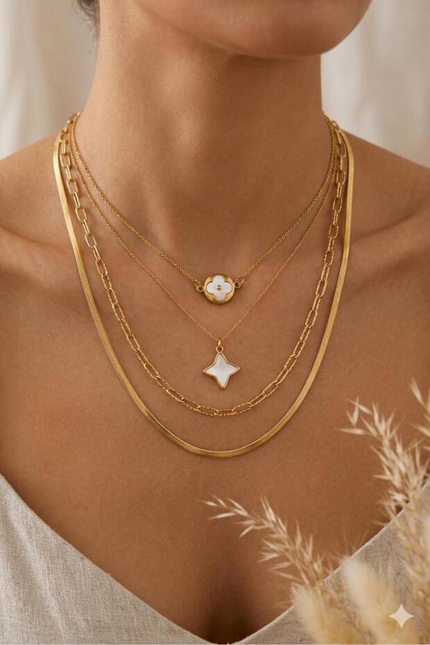 Star & Clover Detailed Four-Combination Steel Necklace