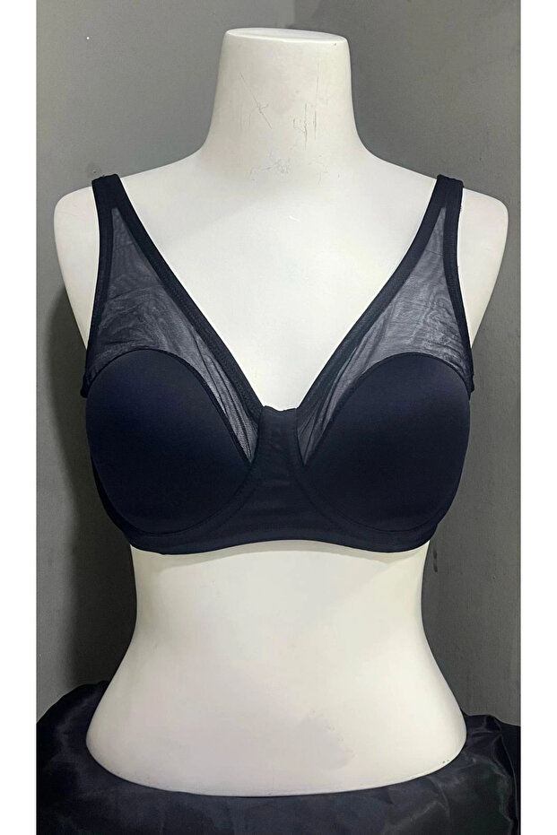 Women's Tulle Gathering Soft Cup Navy Blue Bra