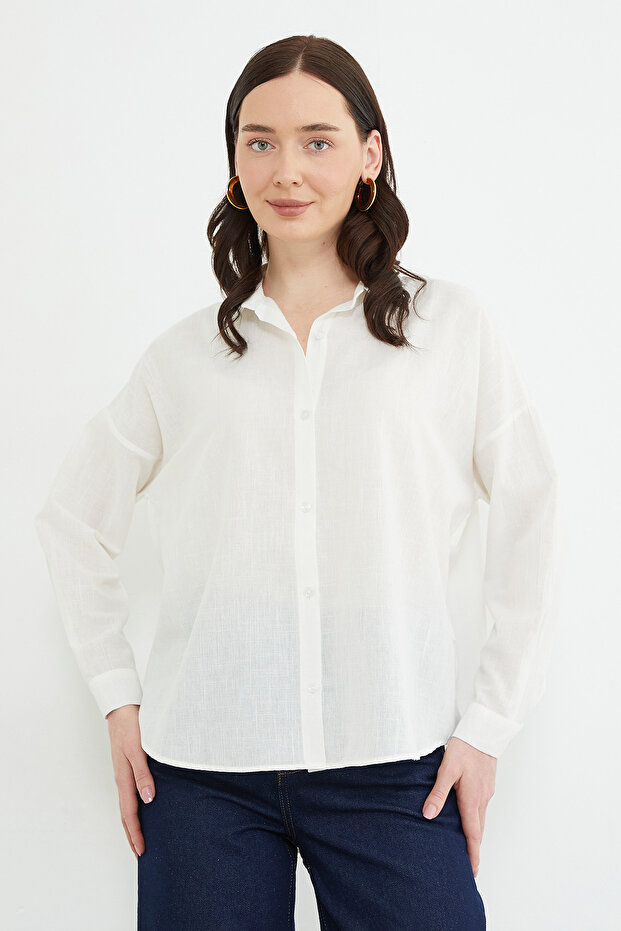 Cămașă oversize cu aspect de in, stil basic - 3