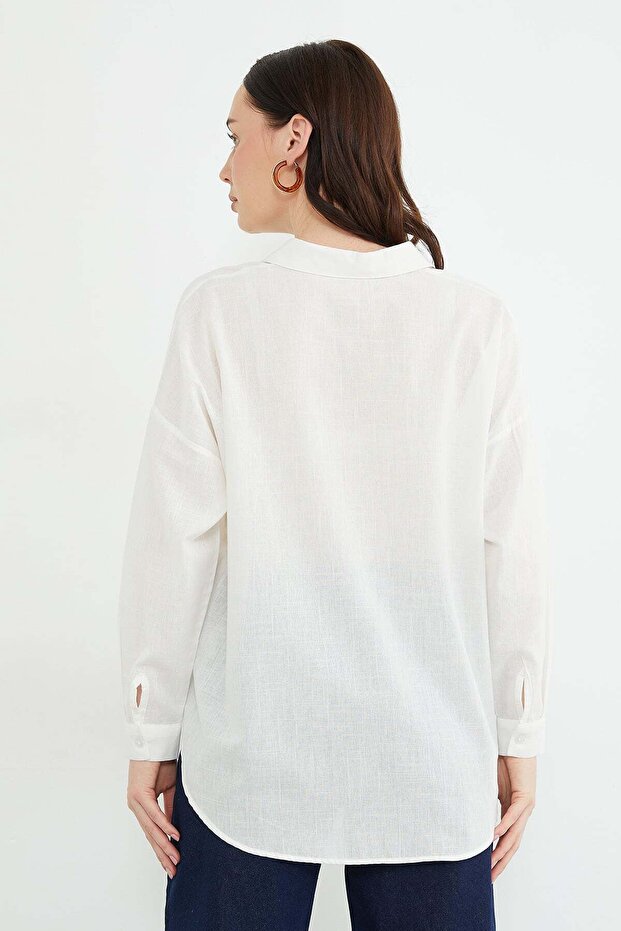 Cămașă oversize cu aspect de in, stil basic - 8