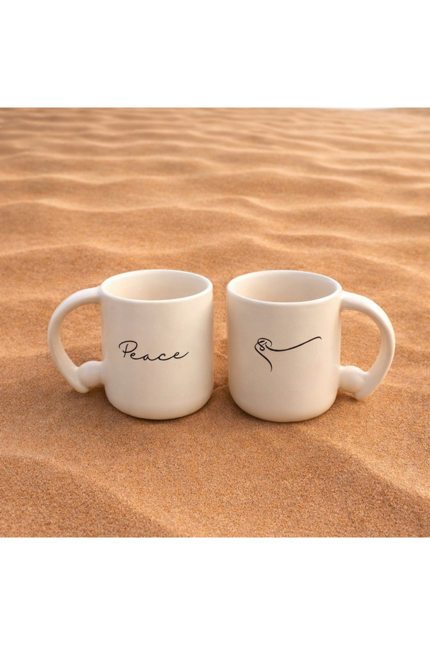 Peace Calligraphic Ball Mug – Handcrafted Ceramic Mug with Arabic English Calligraphy | Minimalist Loop Handle, 300ml