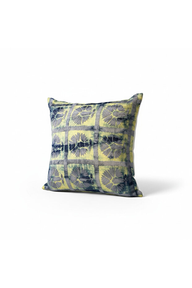 Zohra Yellow Silk Tussar Decorative Cushion with Filler – 45x45cm Handcrafted Square Throw Pillow with Thread Work & Tie-Dye Detailing