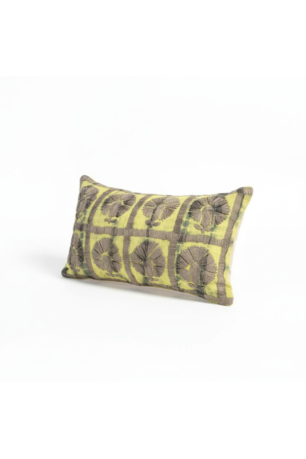 Zohra Yellow Decorative Cushion with Filler – 30x50 cm, Handcrafted Silk Tussar with Thread Work & Yellow Tie-Dye | Luxury Statement Cushion for Sofa, Bed & Bench