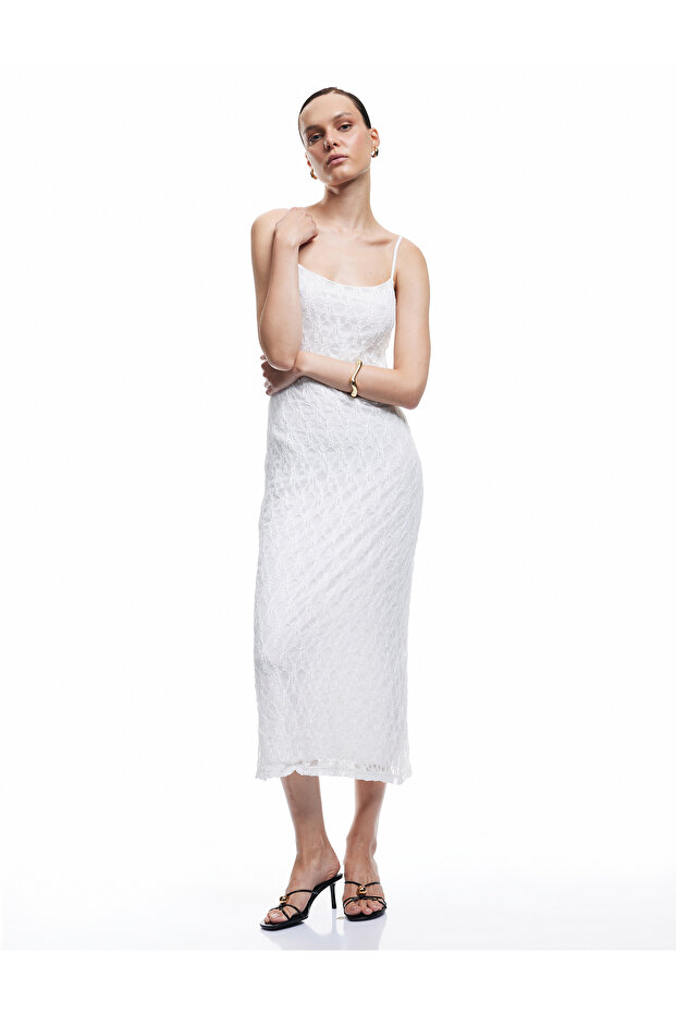 Lined Slim Fit Midi Length Thin Strap Ruched Dress