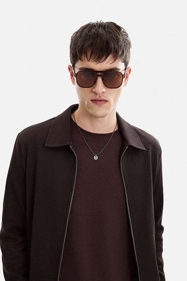 Brown Regular Fit Jacquard Diagonal Coat