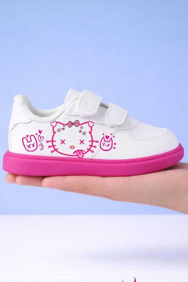 White Pink Sweet Animal Cute Printed Girls' Sneakers with Band