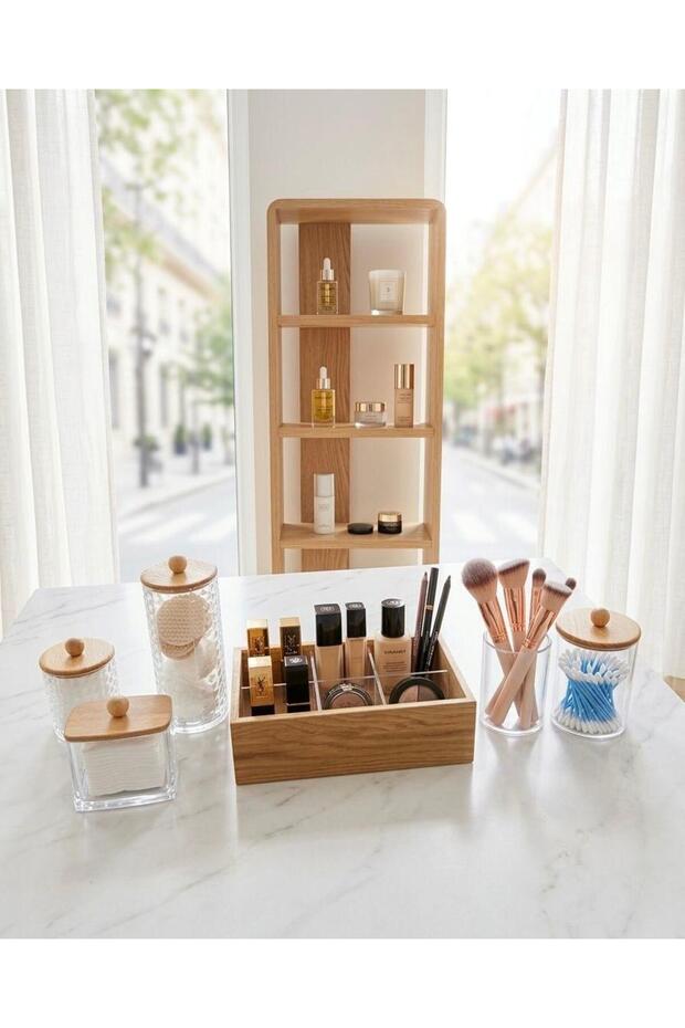 Makeup Organizer Set of 5; Bamboo Wood and Transparent Mikanin Stylishly Matched, Adding Comfort to Your Home.
