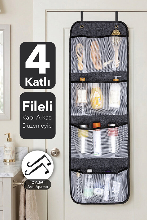 4-Compartment Behind-The-Door Organizer - Hangable Felt Bathroom Organizer with Mesh Pockets 32X103 cm