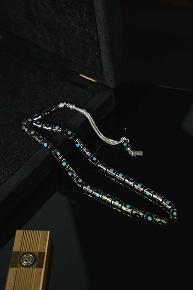 Erzurum Oltu Stone Full Silver Turquoise Processing Cutting Model Prayer Beads