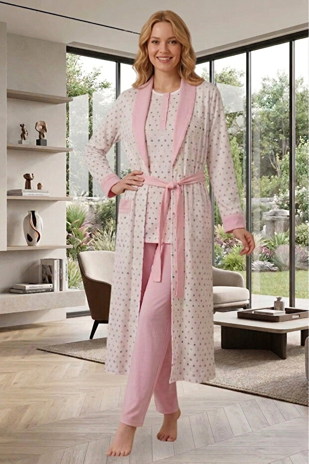 Women's Pink Shawl Collar Buttoned Long Sleeve Patterned Oversized (Oversized) Dressing Gown Pajama Set