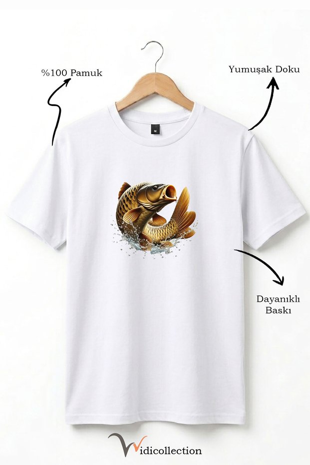 Unisex Fisherman Carp Fish Printed 100% Cotton Crew Neck Basic T-Shirt