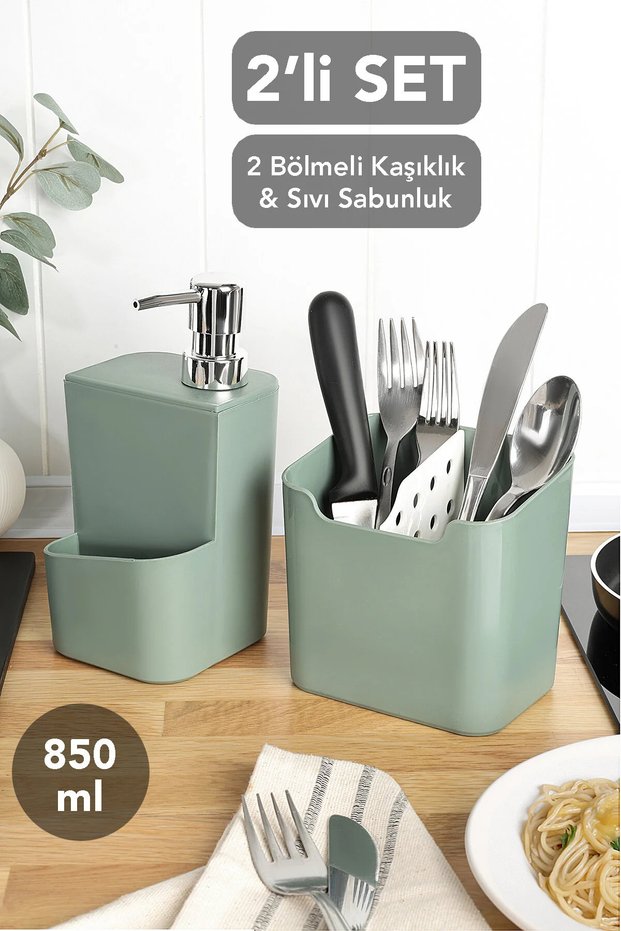Set of 2 - Luna Countertop Spoon Rest and Sponge Holder with Compartment Liquid Soap Dispenser Green
