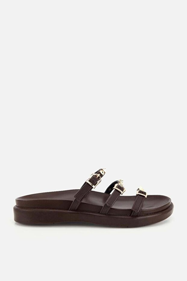 Women's Brown Gold Buckled Strips Thick Sole Slipper