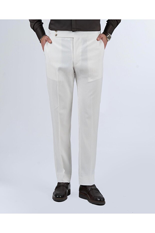 Slim Fit Striped Trousers with Belt Detail Beige T13685