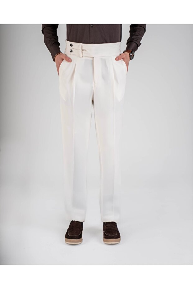 Slim Fit Bel Detailed Buckle Pants Ecru T20037-05