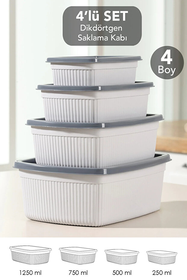 Set of 4 Rectangular Storage Containers - Microwave Safe Food Containers 1.25L 0.75L 0.5L 0.25L Gray